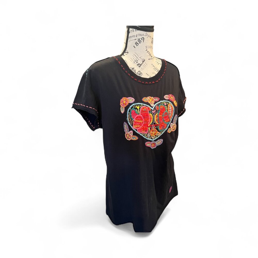 Double D Ranch Black Short Sleeve Tee with Colorful Embroidered Heart Motif